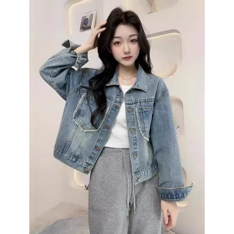 港风复古牛仔短外套女春秋新款毛边短款夹克小个子设计感休闲上衣