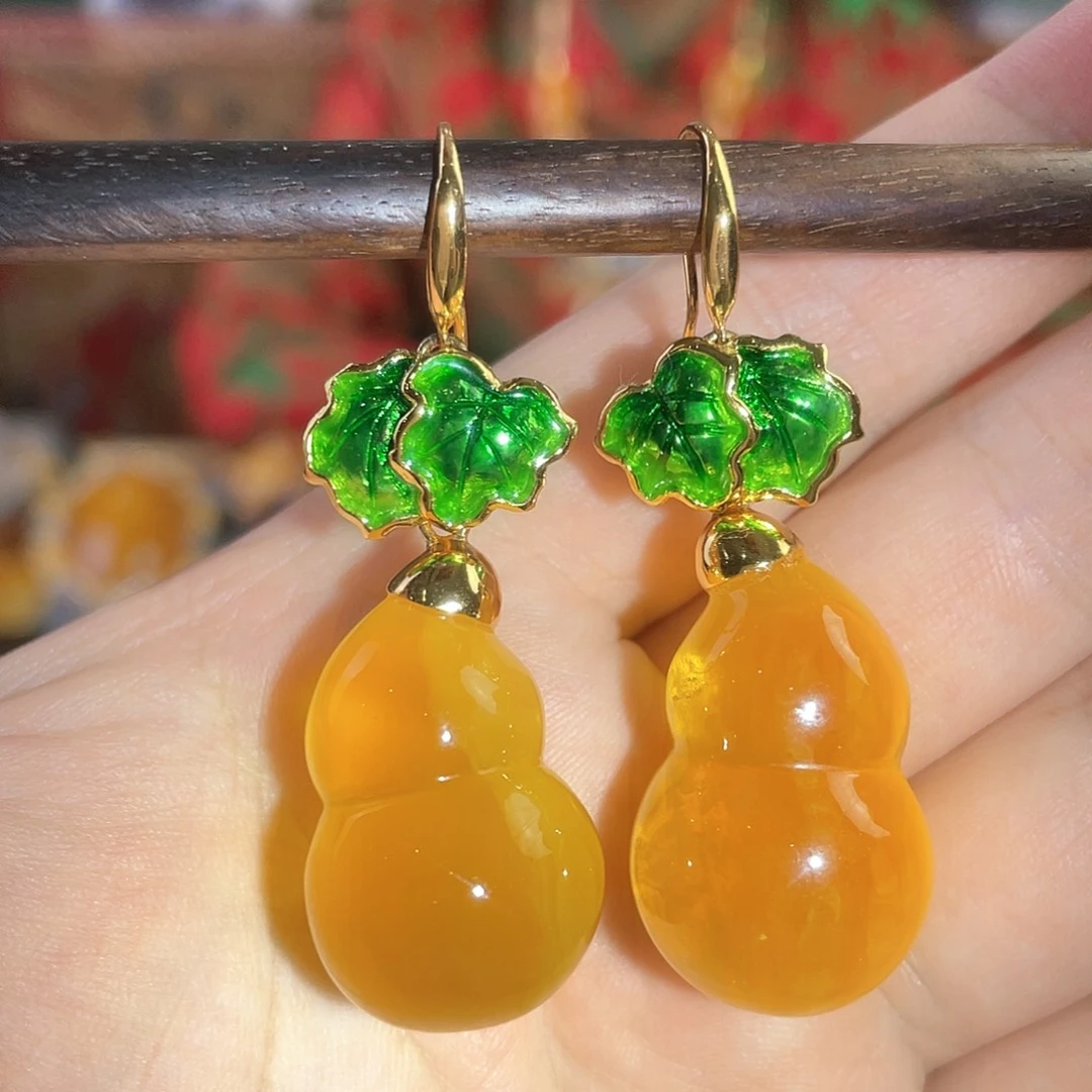 蜜蜡耳环银S925镀金镶嵌