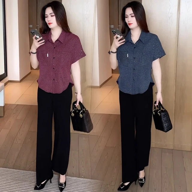 时尚套装女2025夏季新款洋气显瘦短袖衬衫直筒阔腿裤休闲两件套潮