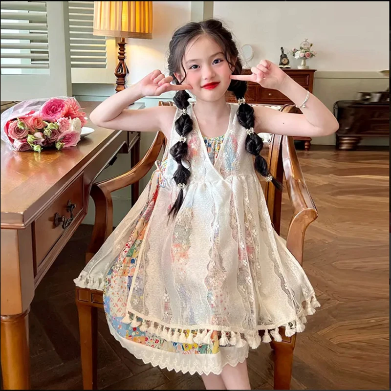 LCJP连衣裙民族风夏季多色拼接碎花女童L两件套2422