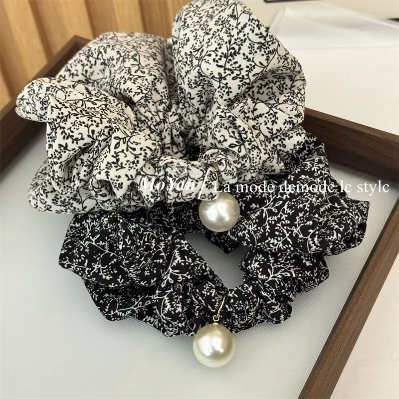 韩版新款设计感小碎花布艺珍珠大肠发圈简约个性扎头绳女发绳头花