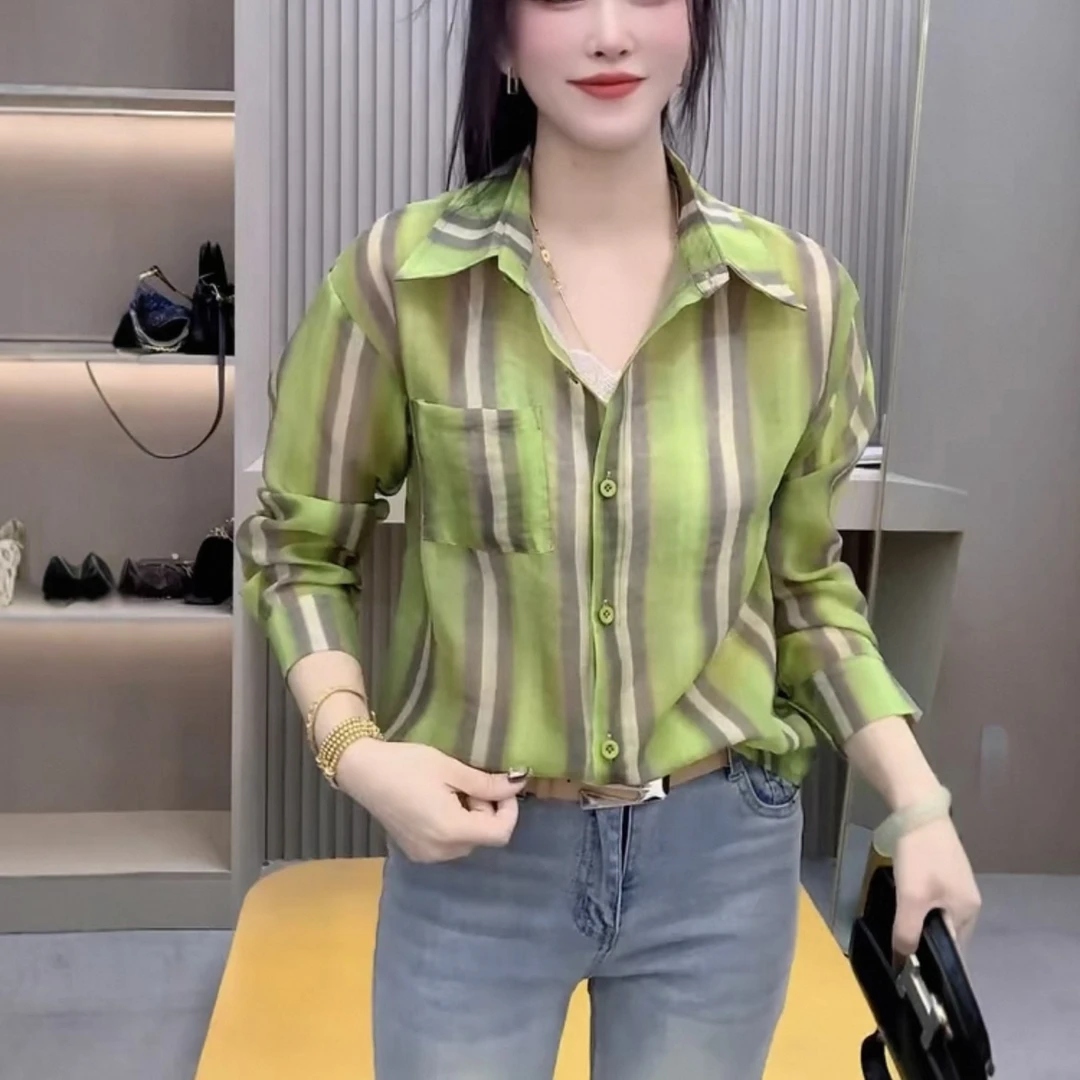 春夏季时尚彩色竖条纹百搭翻领单排扣长袖衬衫薄款防晒