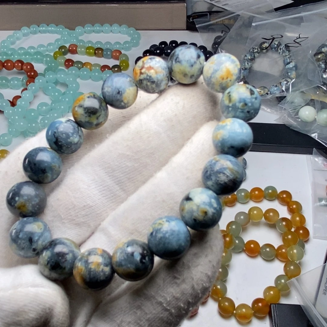 蛇纹石玉手链未镶嵌地球蓝卡12加