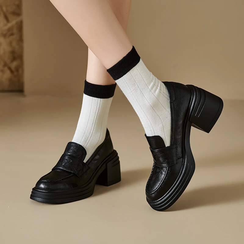 静音底羊皮厚底乐福鞋女2025春秋款粗跟高跟单鞋小个子增高