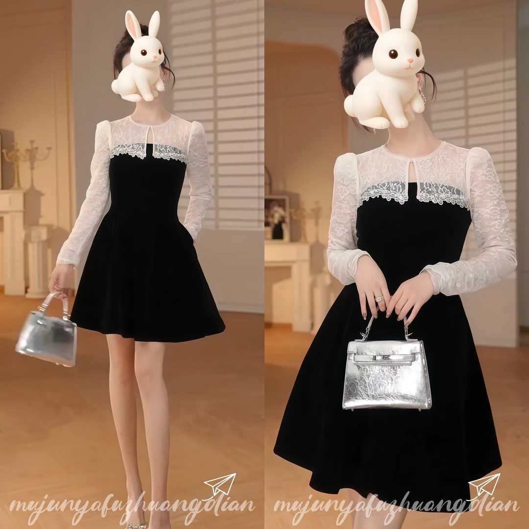 法式气质设计感蕾丝假两件小个子减龄赫本风长袖收腰连衣裙