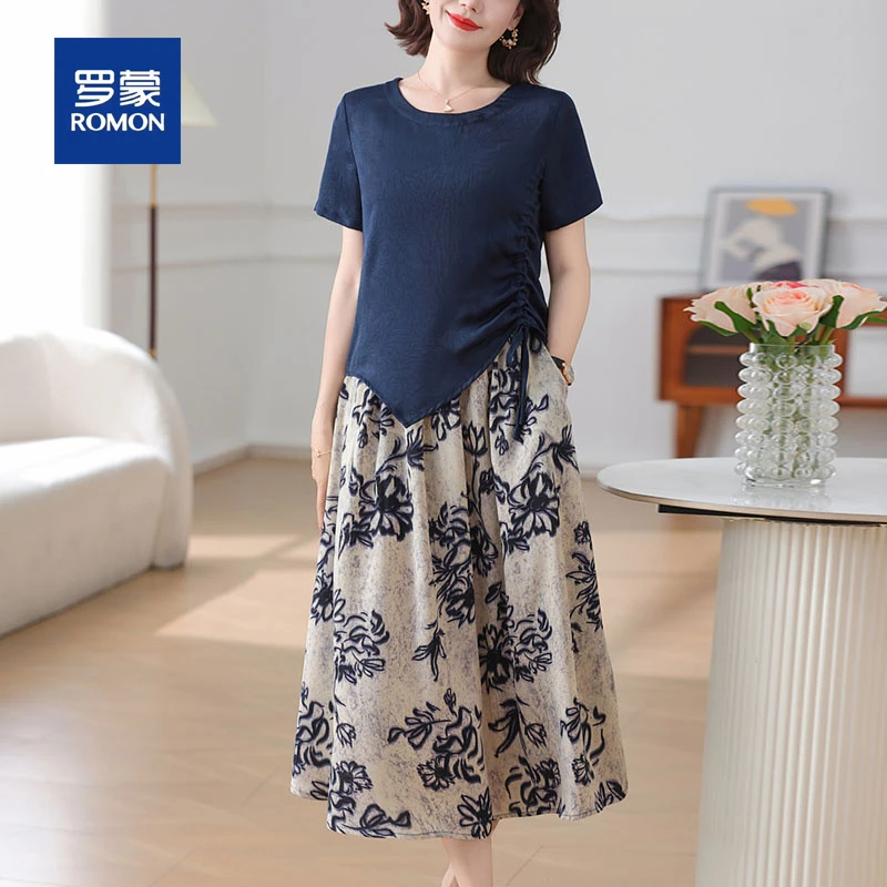 罗蒙40岁50中年妈妈夏装套装2025新款洋气中老年女装短袖半身裙子
