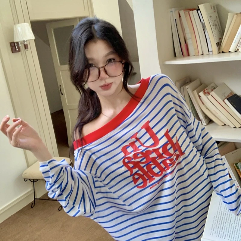 薄款撞色一字肩印花上防晒衫夏休闲条纹长袖T恤女宽松慵懒风上衣