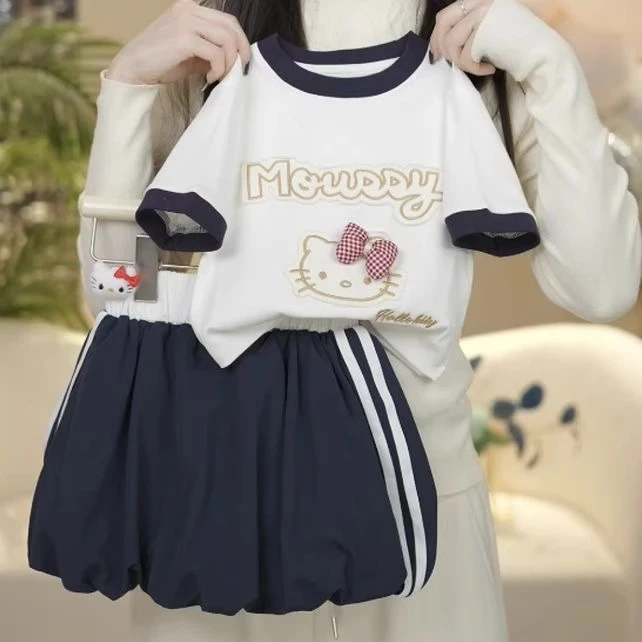 韩国童装女童夏季套装2025新款洋气儿童卡通KT猫T恤花苞裙两件套