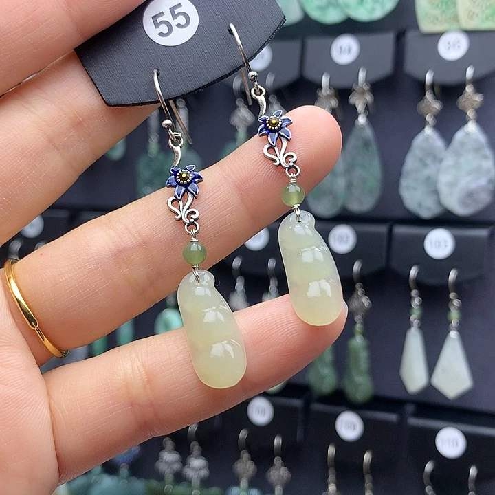 和田玉耳饰银S925镶嵌清***笑