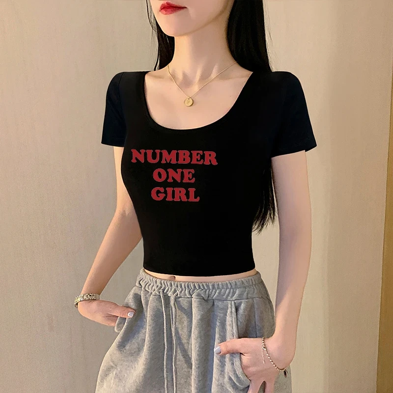 黑色u领短袖t恤女2025新款春夏季纯棉修身大领口露背体恤短款上衣