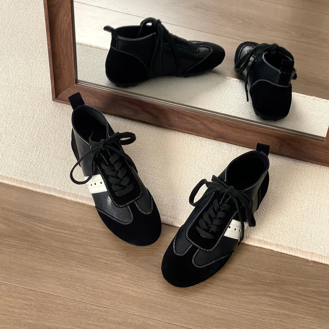HUSSLOVE 头层牛皮+牛反·跟高2CM·时尚百搭休闲新款高帮德训鞋女