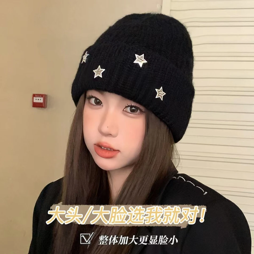 大头围毛线帽显脸小包头帽秋天帽子女洋气美式护耳针织帽黑色冷帽