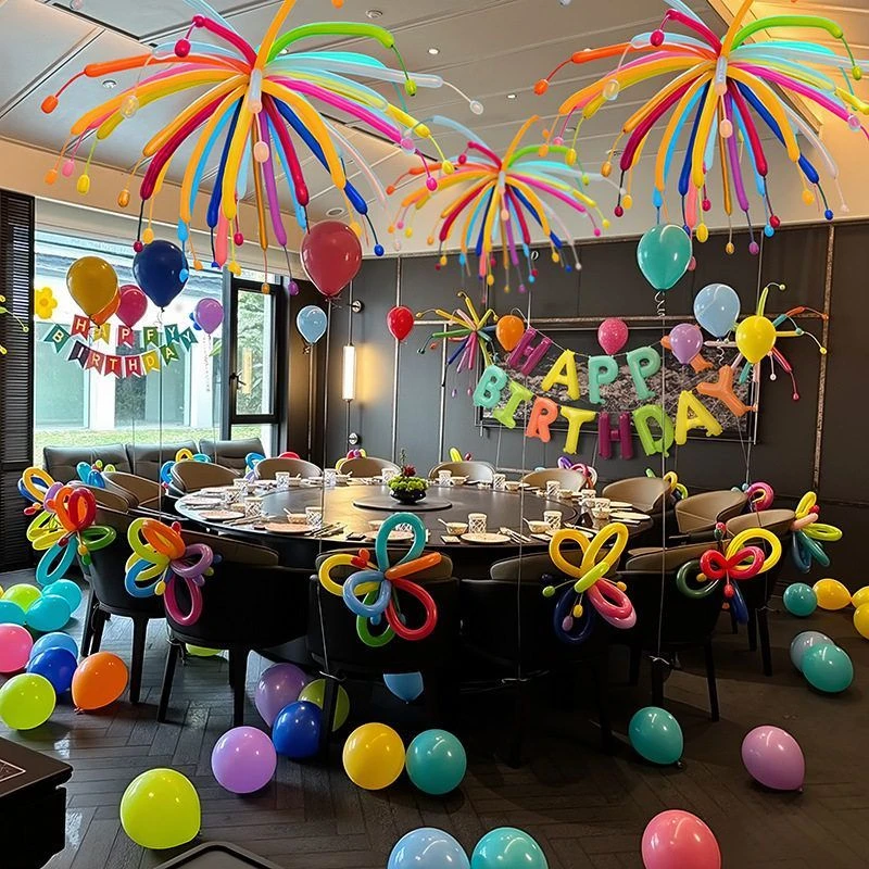 酒店包间生日派对布置场景装饰彩色多巴胺烟花长条气球加厚男女