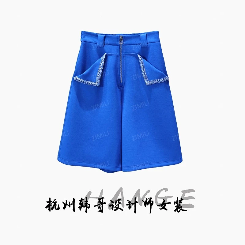 【韩哥女装】设计师款欧版宝蓝色立裁拼接时尚高克重短裤8091-H1