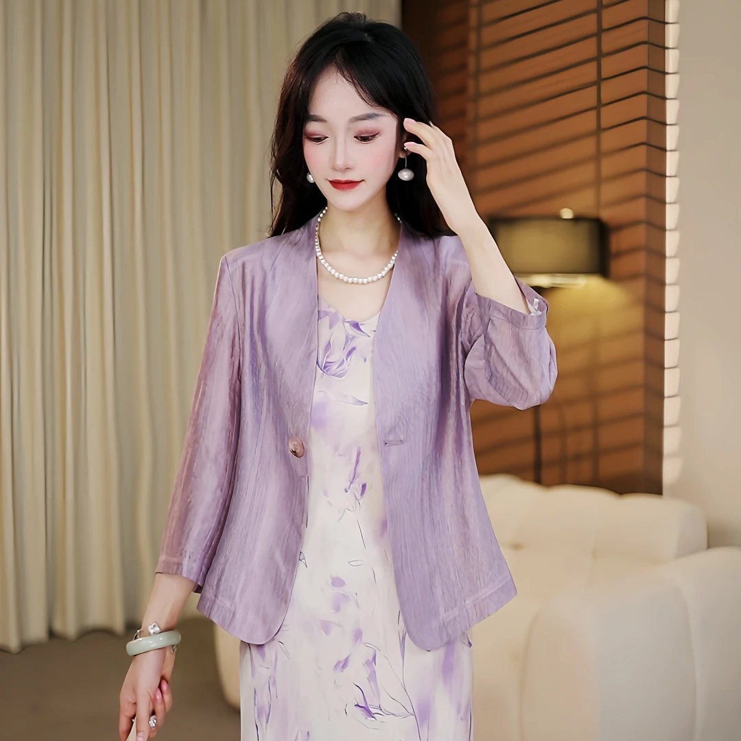 夏季新款气质西装外套超薄修身七分袖防晒小西服