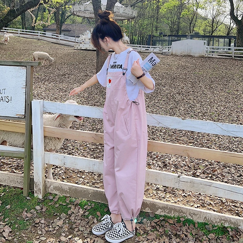 粉色日系背带裤女夏季2024新款可爱小个子宽松休闲显瘦薄款束腿裤