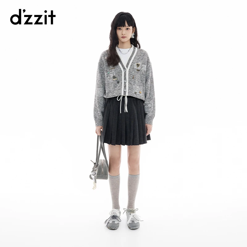 dzzit地素针织衫25春新款摩登钉珠装饰棉混纺长袖开衫女3J1E520