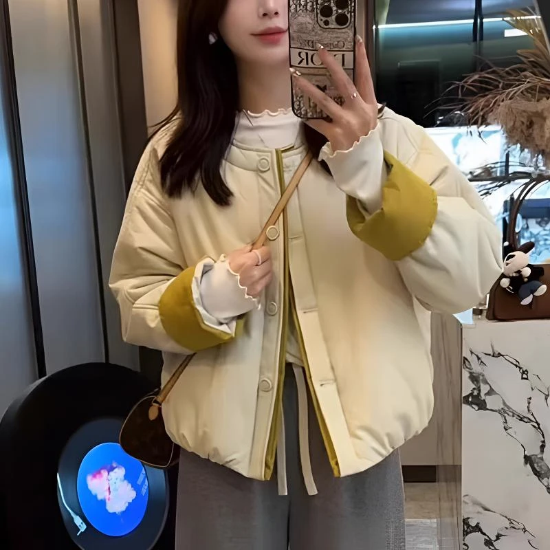 【小沫家】撞色圆领设计感棉服外套女秋冬季新款时尚宽松小个子棉衣