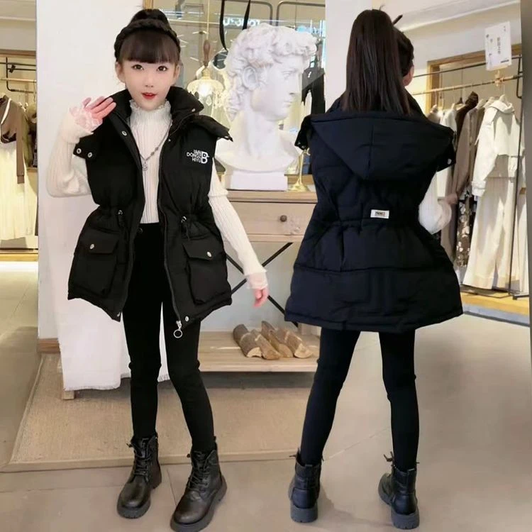 女童冬季新款棉马甲韩版洋气中大童百搭休闲收腰坎肩连帽外套冬装