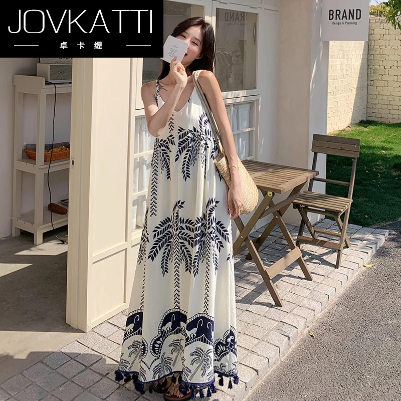 Jovkatti海边度假松弛感吊带连衣裙女2025夏季新款印花流苏气质