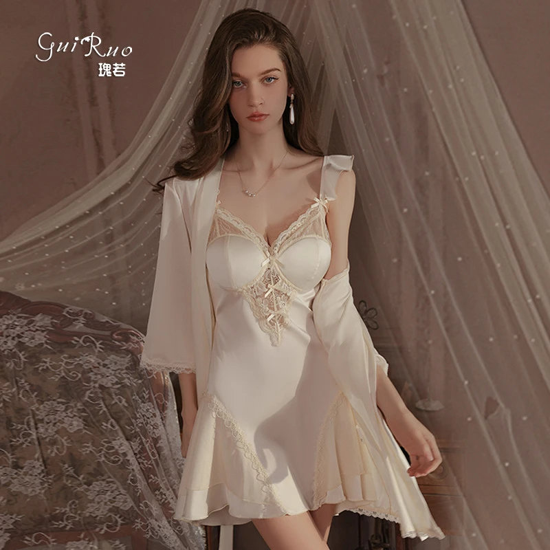 瑰若内衣甜美网纱点缀聚拢加胸垫吊带睡裙外袍家居服套装吊带睡衣