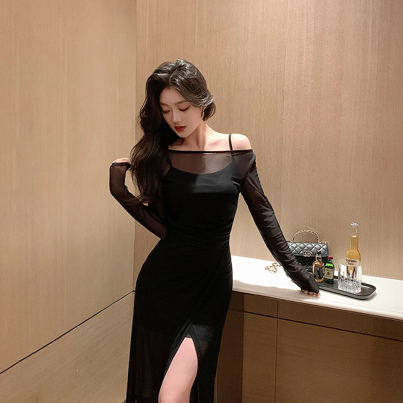 林关关【迷醉夜色】网纱连衣裙+带胸垫吊带背心女黑色显瘦后妈裙