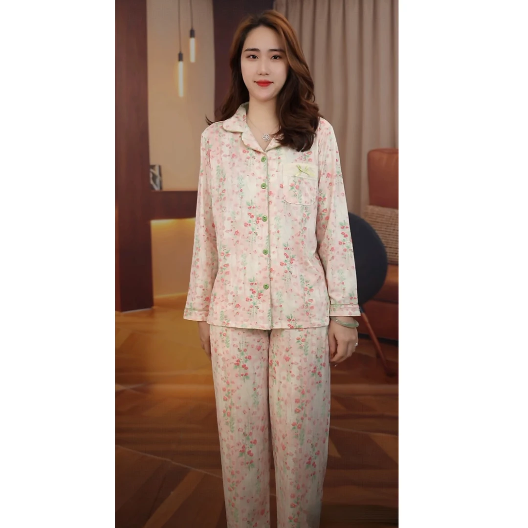 睡衣女冬季新款爆款纯棉长袖长裤可外穿家居服套装（粉色花海）