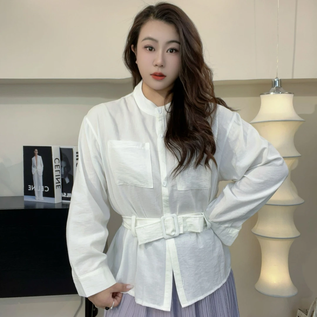 系腰带修身圆领女士衬衣衬衫