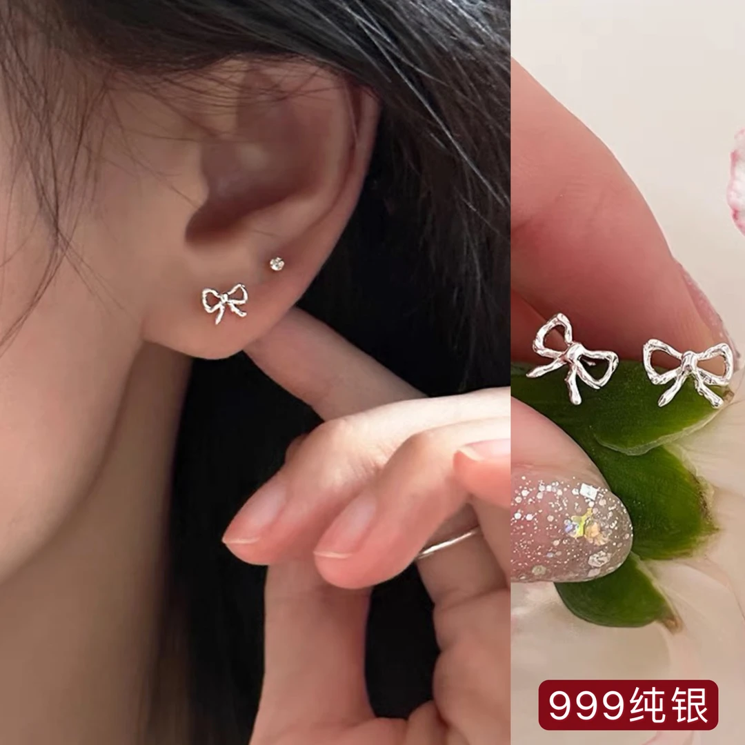 足银耳饰 999纯银耳钉养耳洞肌理感迷你蝴蝶结耳饰高级感耳环