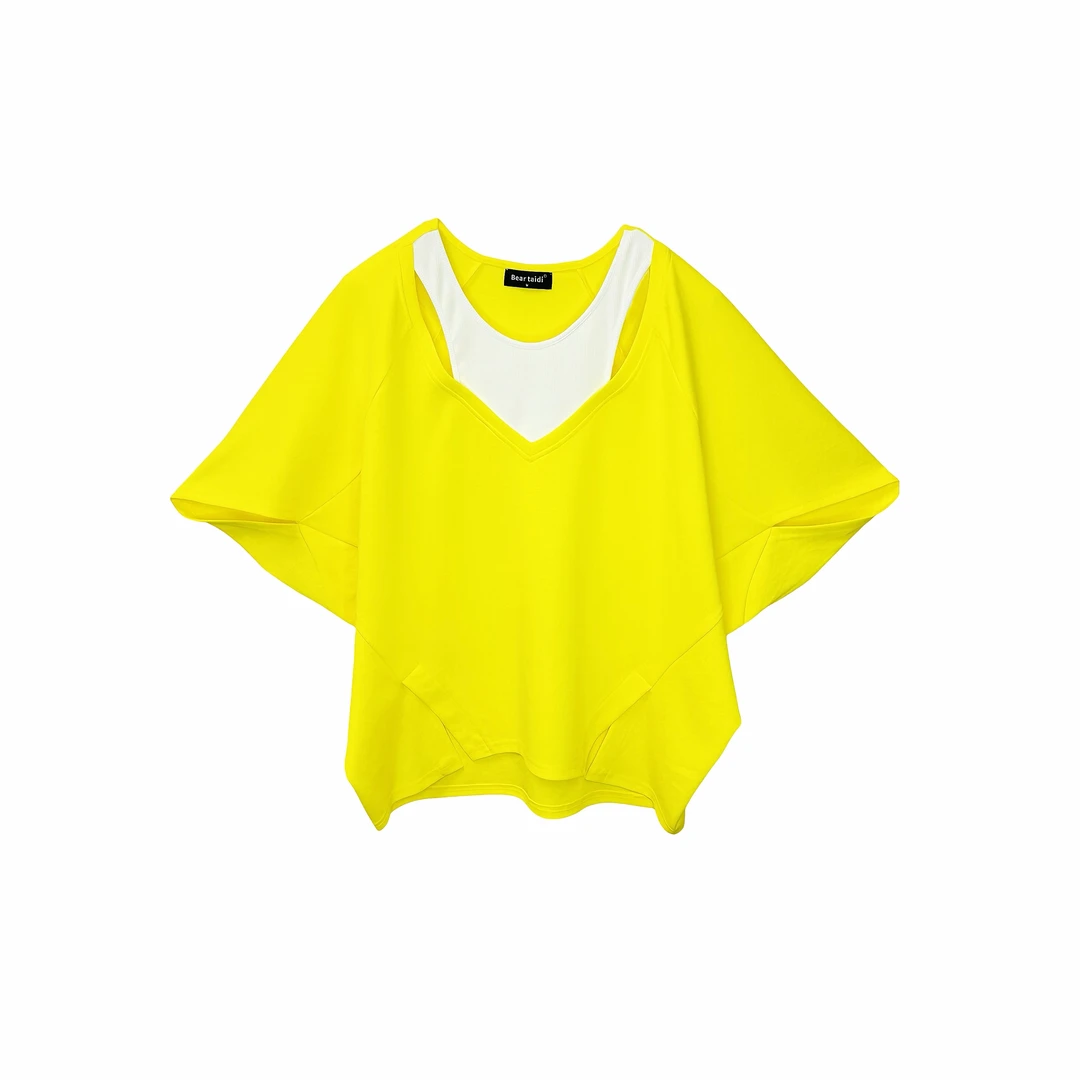 2025夏装设计师款经典宽松大版假两件美人条不规则蝙蝠袖T恤S6016