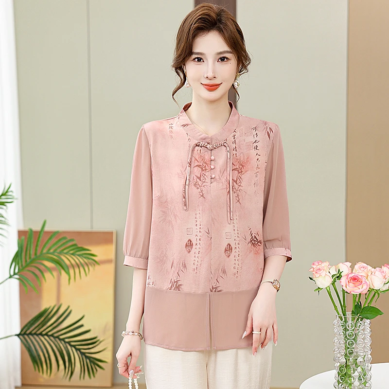 新中式妈妈夏装洋气T恤衬衫中老年人春夏薄款七分袖国风小衫上衣