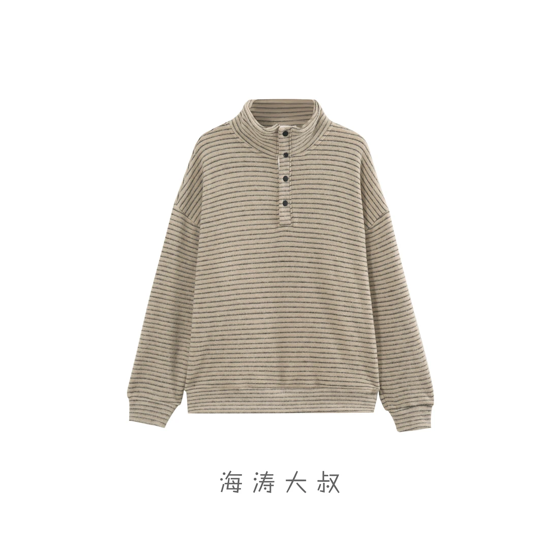 【海涛大叔】「慵懒周末」毛绒立领按扣条纹针织衫