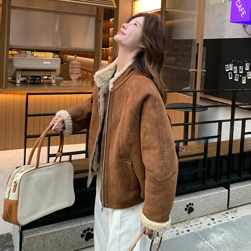 2025冬季新款麂皮绒美拉德风加厚羊羔毛复古年轻时尚韩版皮草外套