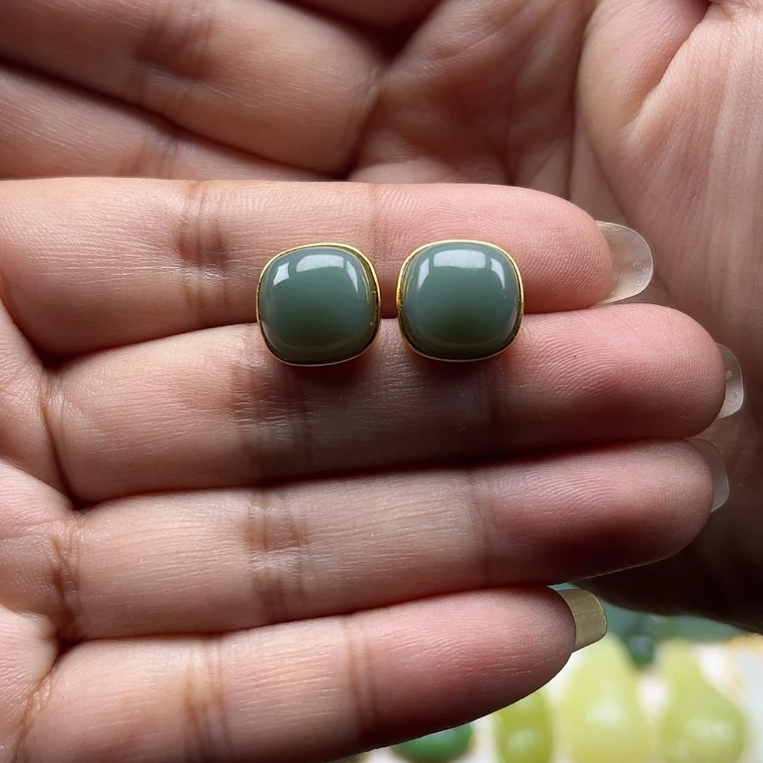 和田玉（碧玉）银S925镶嵌耳饰