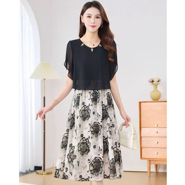 轻奢优雅水墨花气质显瘦遮肚假两件舒适夏季大码连衣裙865款