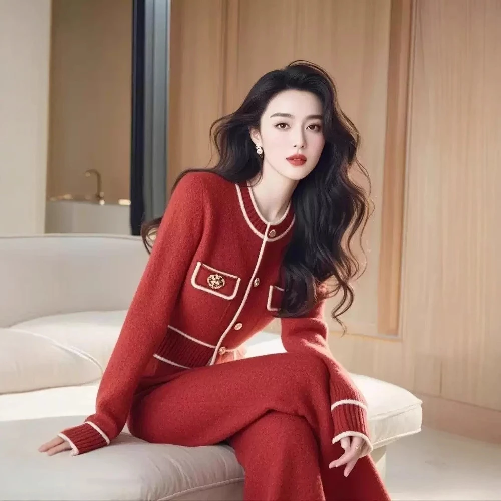 本命年红色针织套装轻奢高级感名媛气质小香风毛衣裤子两件套秋装
