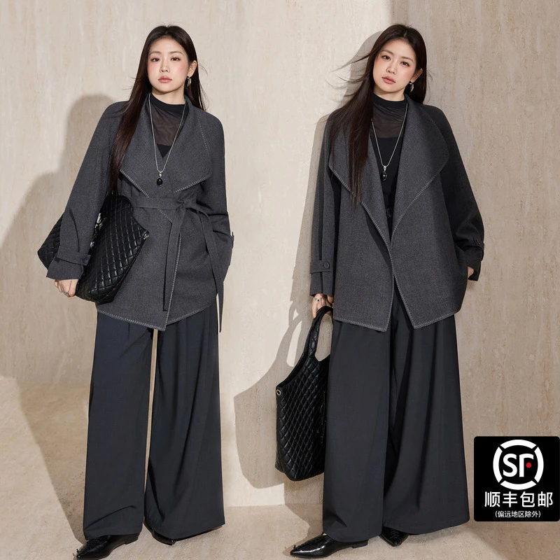 蓝语大码女装气质高端简约大翻领外套2025秋季手工三角针缝制上衣