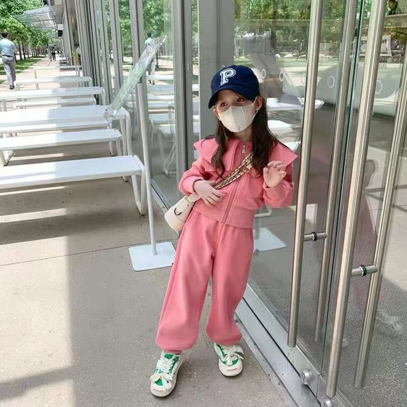 女童套装2025春款拉链衫荷叶领外套纯色简约长裤运动两件套