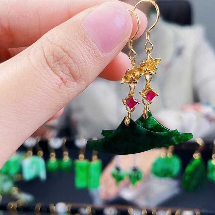 翡翠耳饰银S925镶嵌饰品