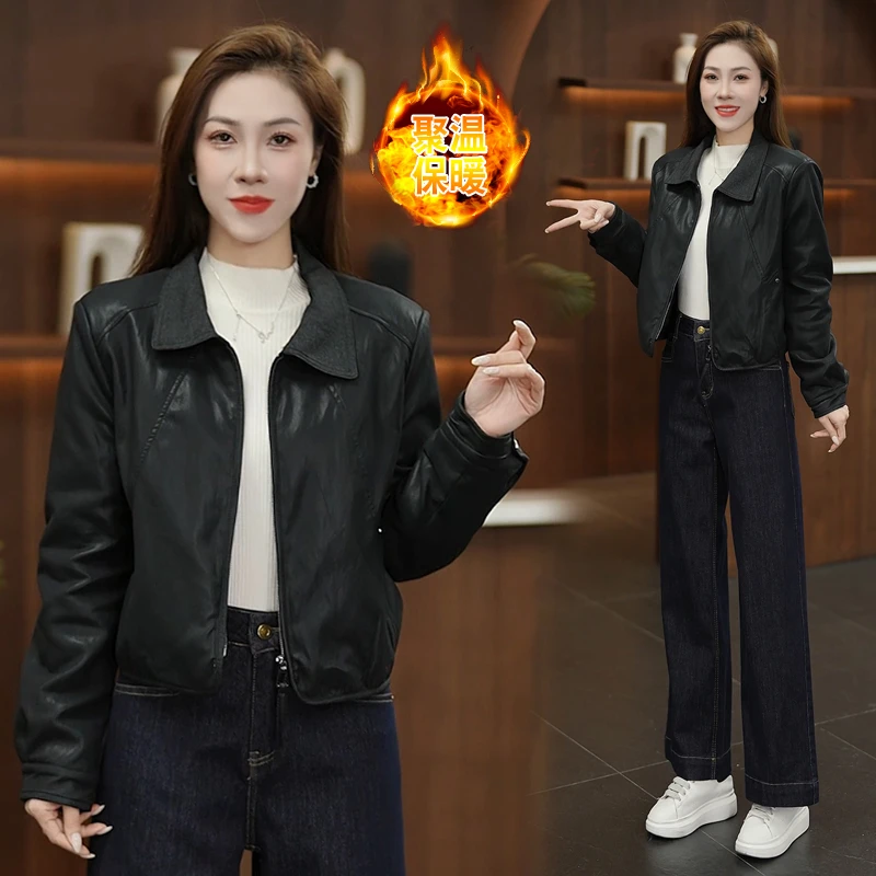 冬季加棉皮衣女2025秋冬新款小个子街头风加厚宽松保暖短款皮夹克