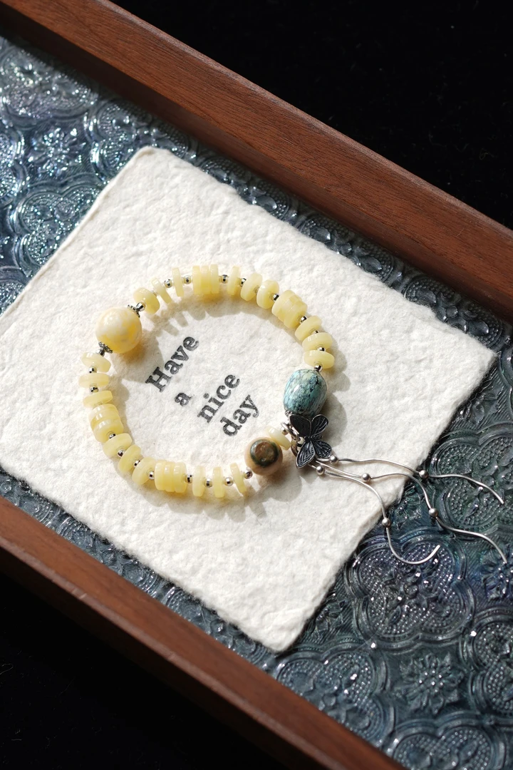 上古神兽 天然猛犸牙蓝眼10mm药片2*8mm单圈手串