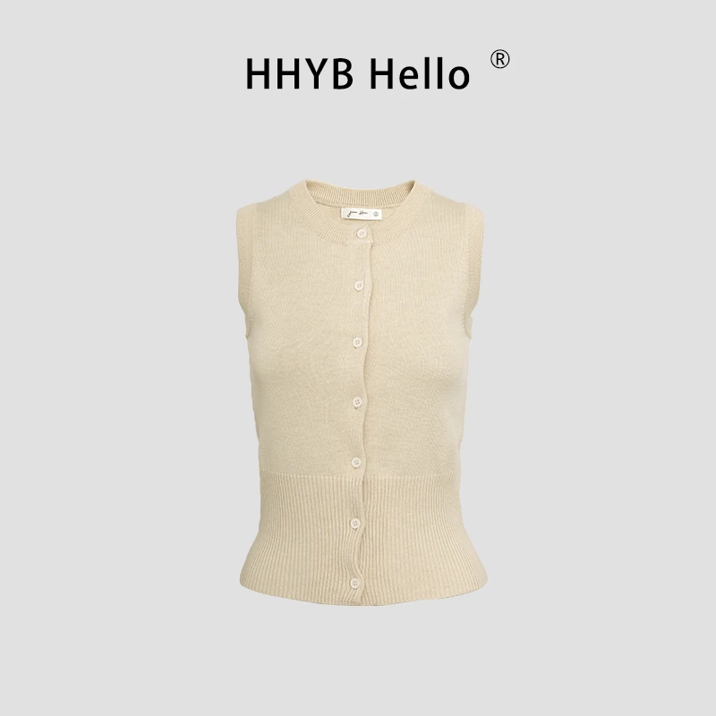 HHYB Hello圆领开衫背心针织衫2025春夏新款修身无袖T恤上衣M1113