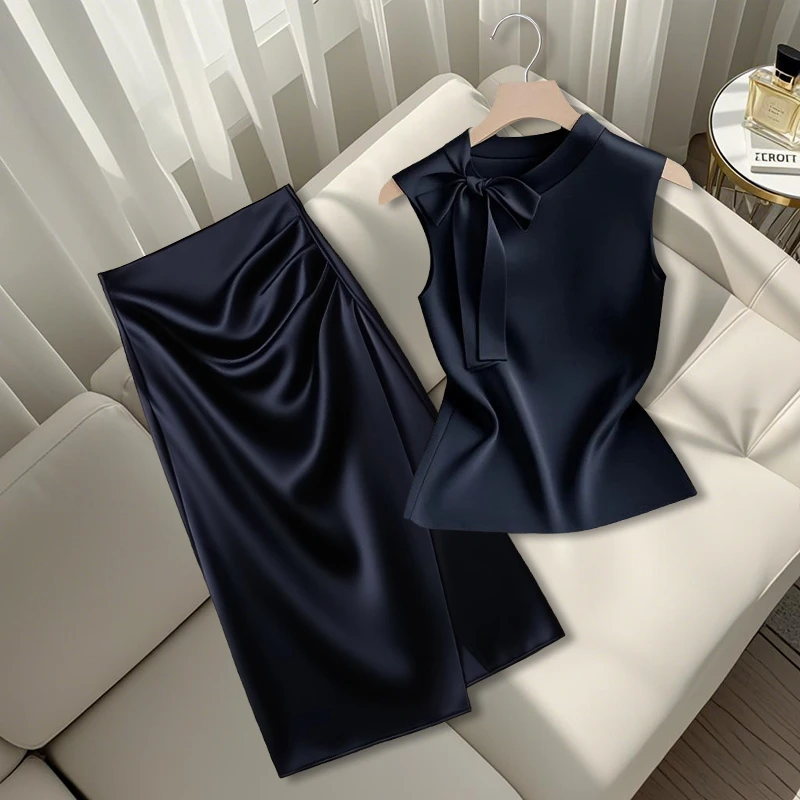 洋气无袖套装夏季新款蝴蝶结小衫上衣百搭半身裙休闲时尚两件套