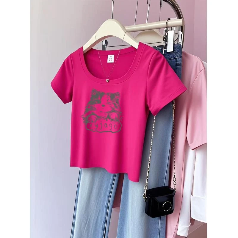 高级感多巴胺纯棉短袖t恤女夏季设计感小众u领修身短款正肩上衣潮