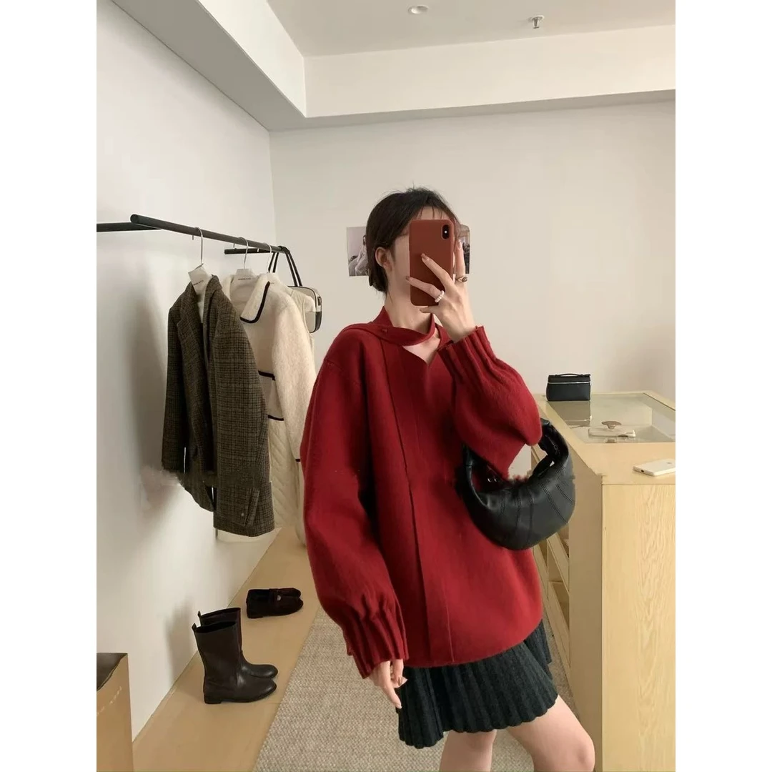 慵懒风V领挂脖围巾毛衣韩版减龄通勤百搭上衣女82037#0.13
