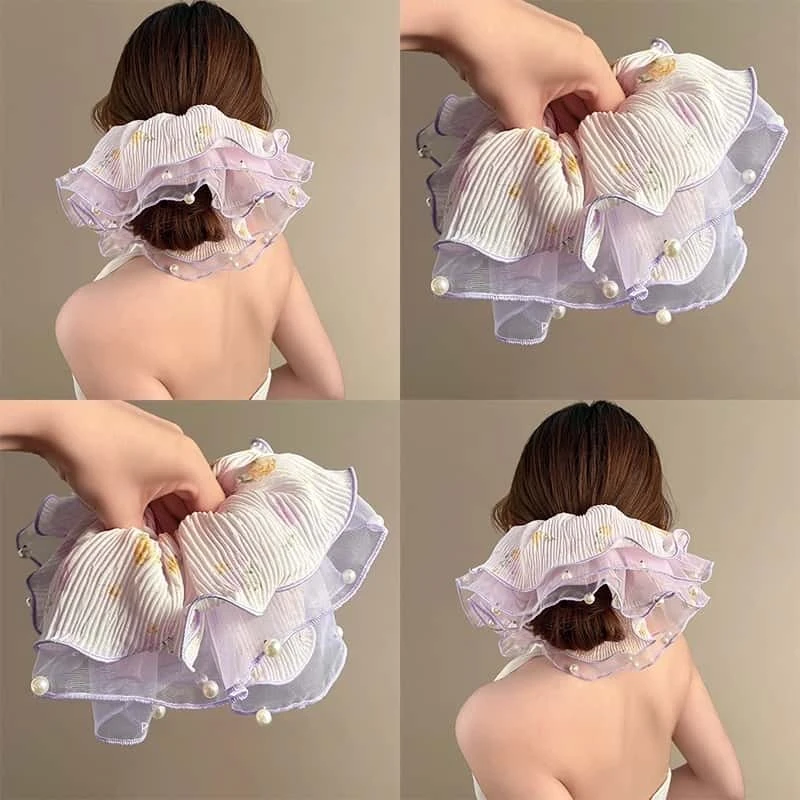 幽兰香茗~紫韵碎花网纱发圈女高级感优雅气质珍珠头圈发绳盘发器