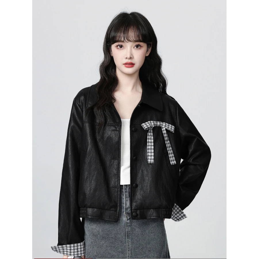 复古黑色PU皮衣外套女秋季2025格子蝴蝶结翻领夹克开衫短款上衣