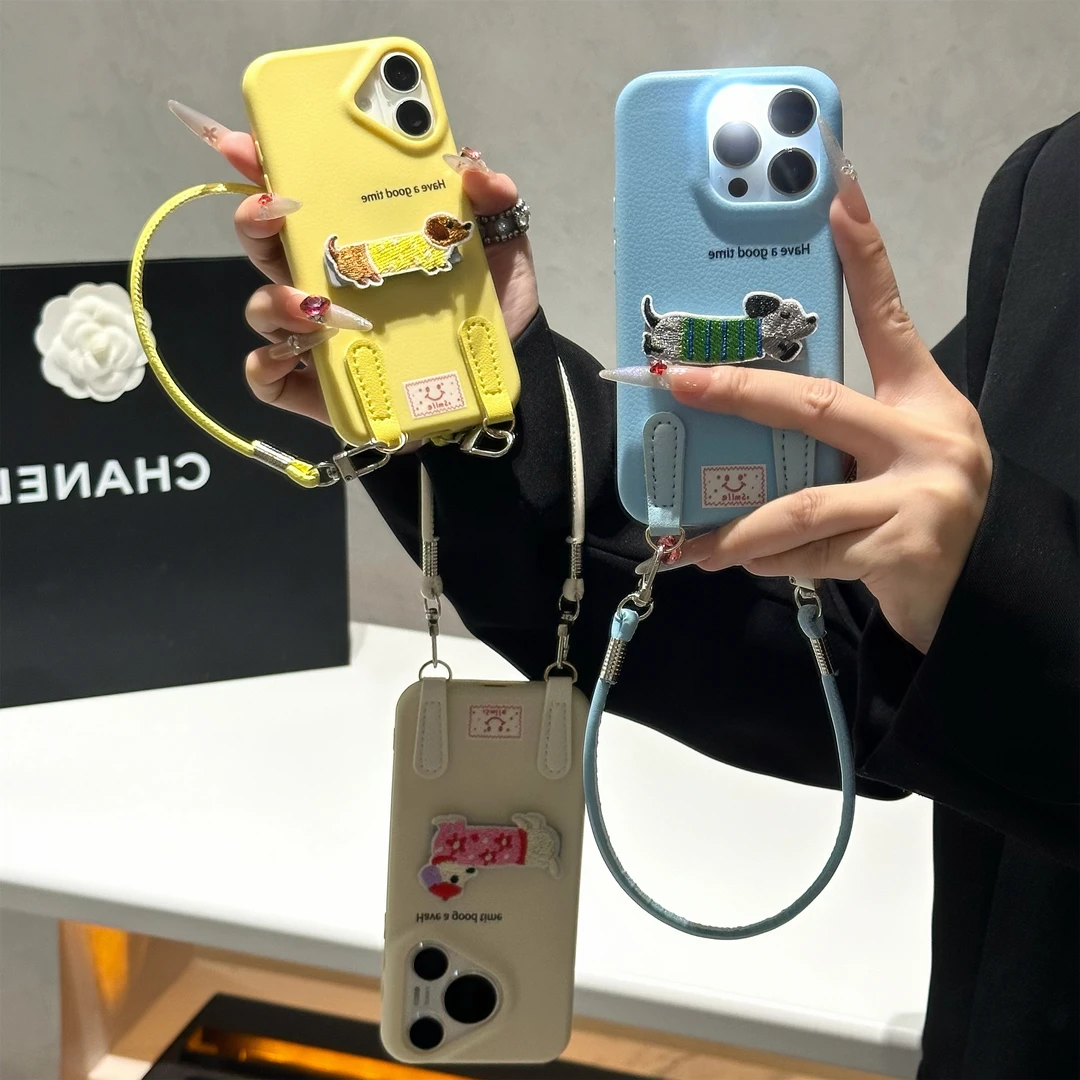 刺绣小狗支架挂绳适用苹果16/17手机壳iPhone15小米14vivoppo华为