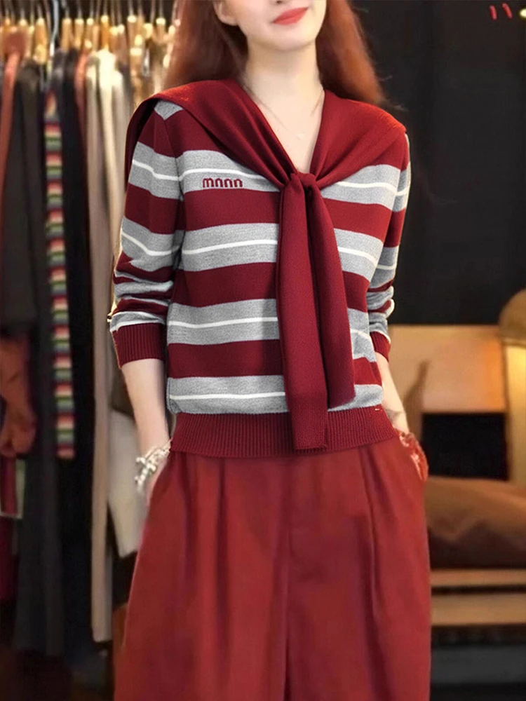 法式撞色条纹开衫带披肩针织衫女装短外套毛衣2025宽松设计感上衣