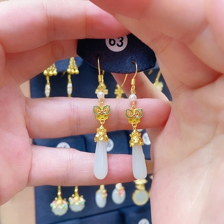 和田玉银S925镀金镶嵌耳饰